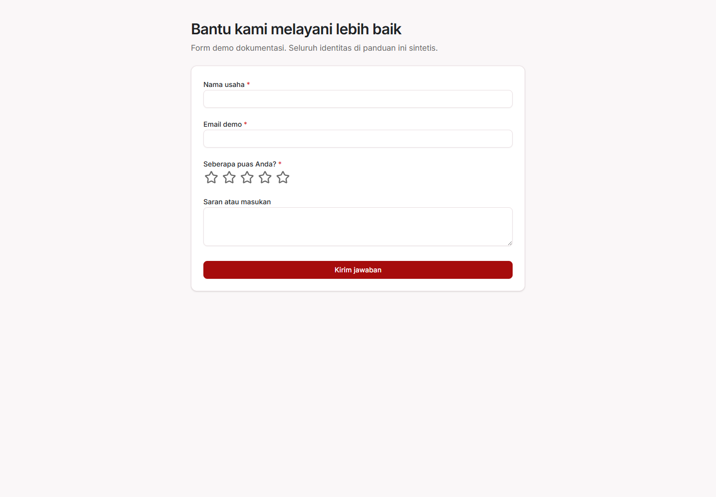 Contoh form publik Dataplatform untuk mengumpulkan respons customer dengan data demo.